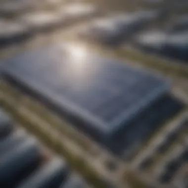 Aerial view of an Amazon warehouse with solar panels on the roof