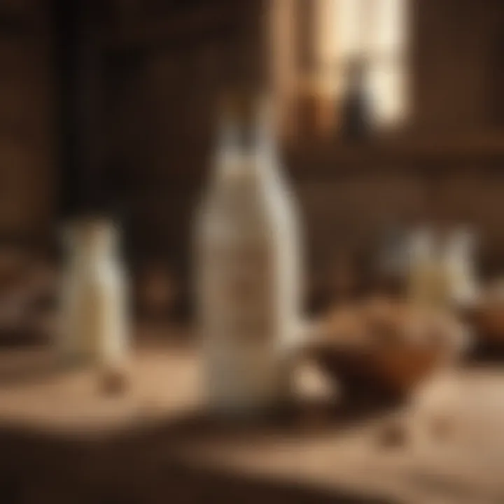 A bottle of camel milk placed on a rustic wooden table with traditional utensils.