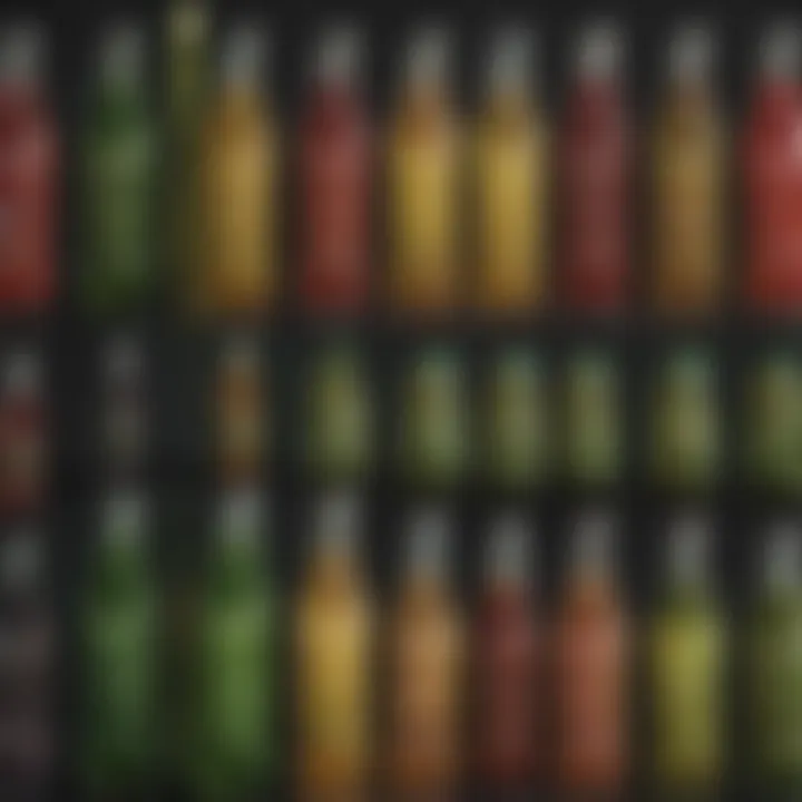 A vibrant assortment of stevia drinks in various colorful bottles