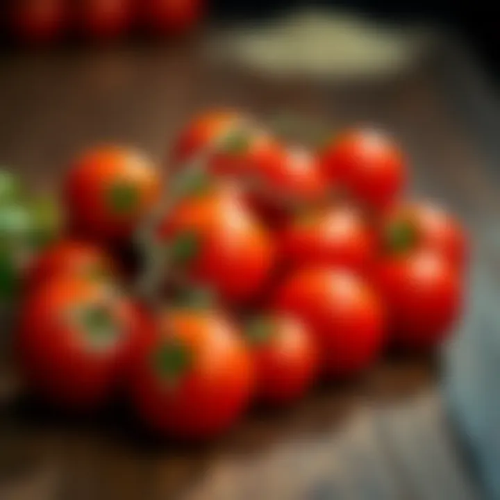 A collection of plump cherry tomatoes resting on a rustic table.