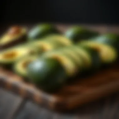 Rich Avocados on Display A close-up of sliced avocados arranged elegantly on a wooden board.