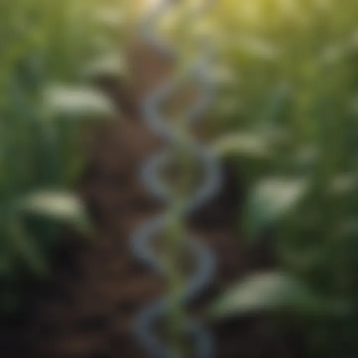 Illustration depicting a DNA helix with various crop plants