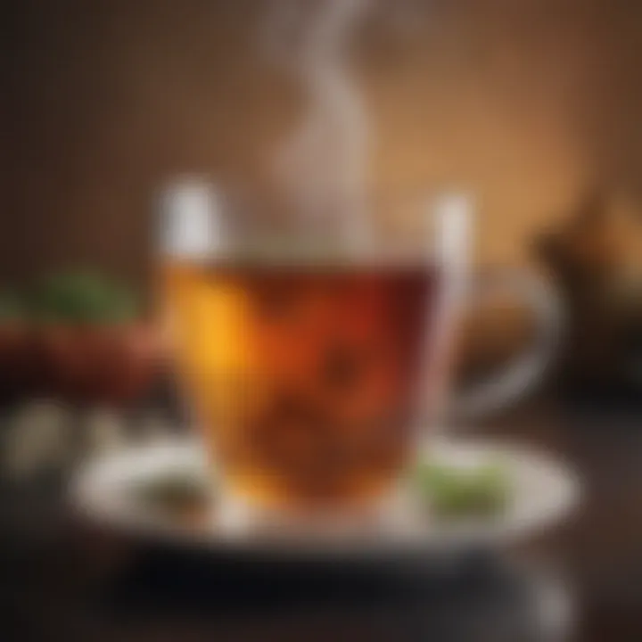 Close-up of a tea cup filled with herbal tea and steam rising