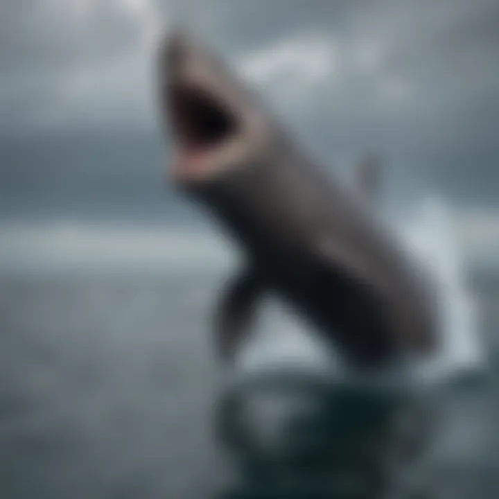 Basking shark leaping out of the ocean