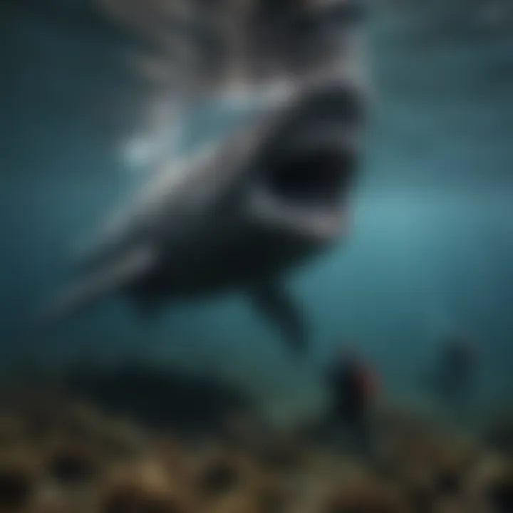 Basking shark swimming alongside divers