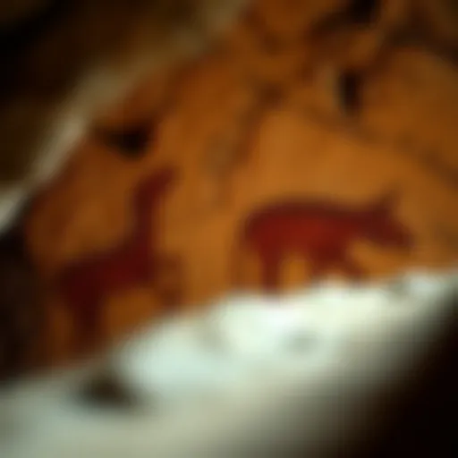 Close-up of ancient cave art depicting animal figures