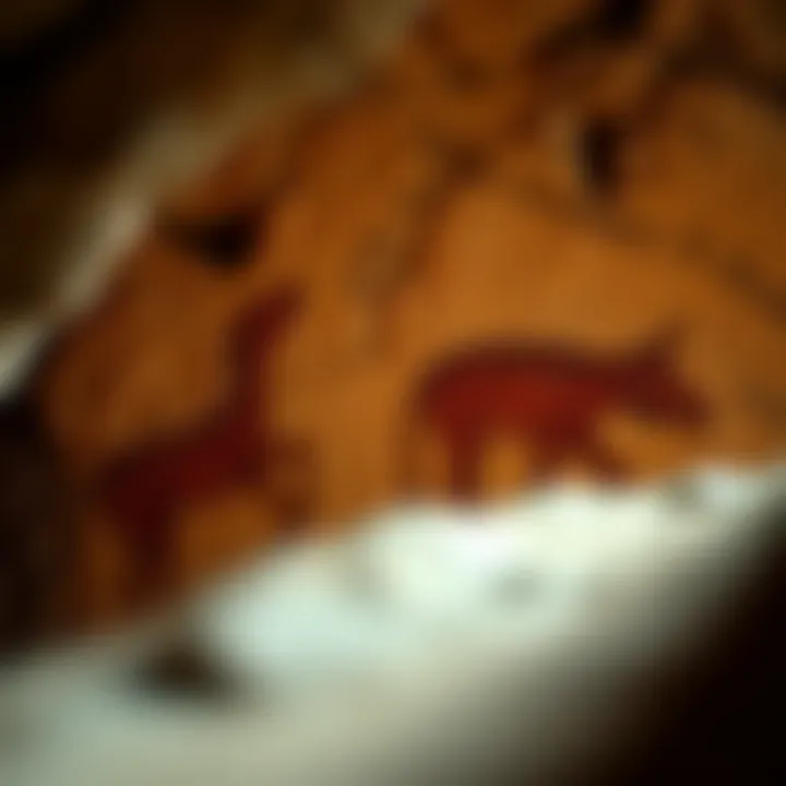 Close-up of ancient cave art depicting animal figures