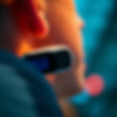 A close-up of a wearable EEG device in use