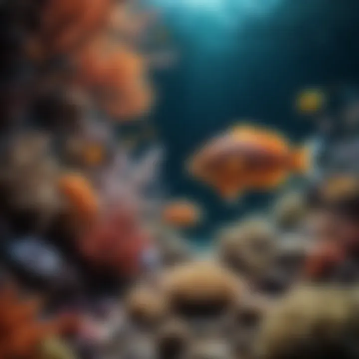 An underwater view showcasing various species of fish and corals