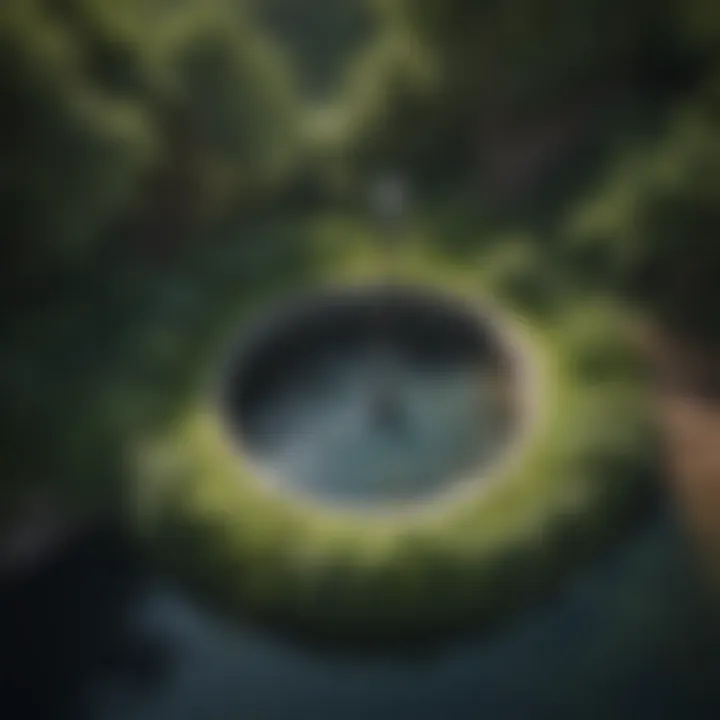 Aerial view of a well surrounded by lush greenery