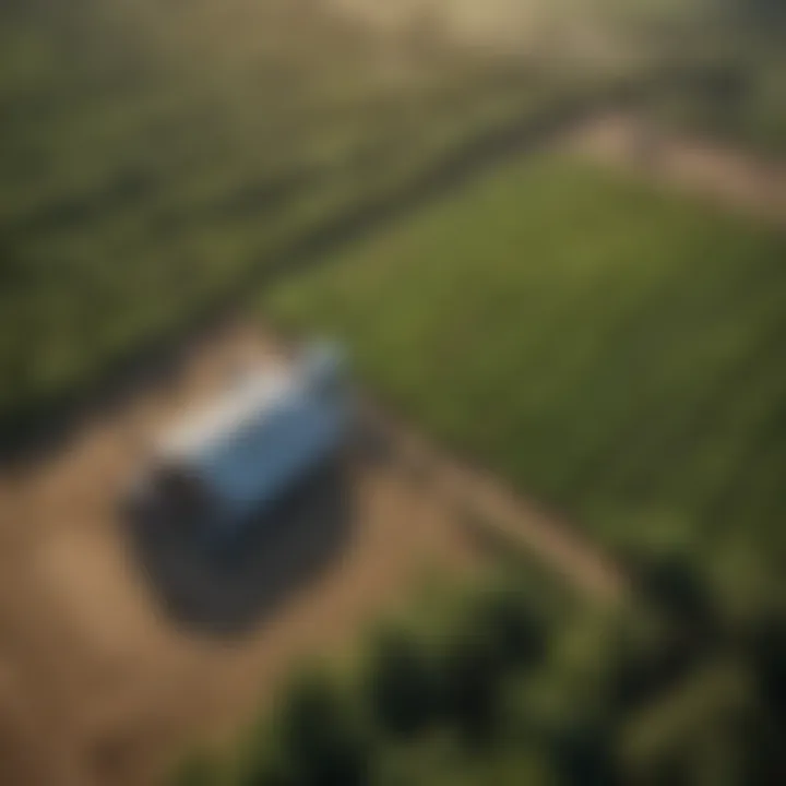 An aerial view of a farm utilizing foliar treatment techniques.