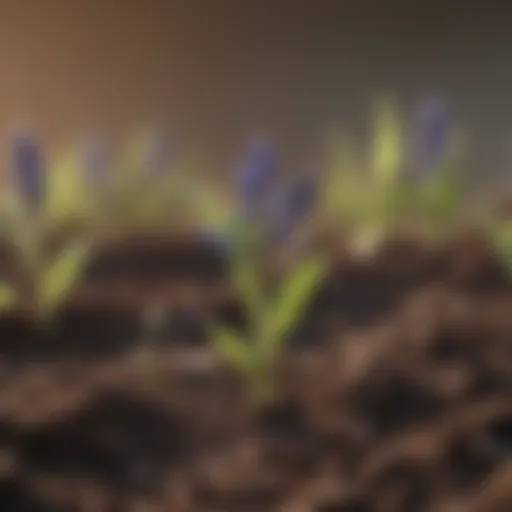 Close-up view of young lupin seedlings sprouting in fertile soil