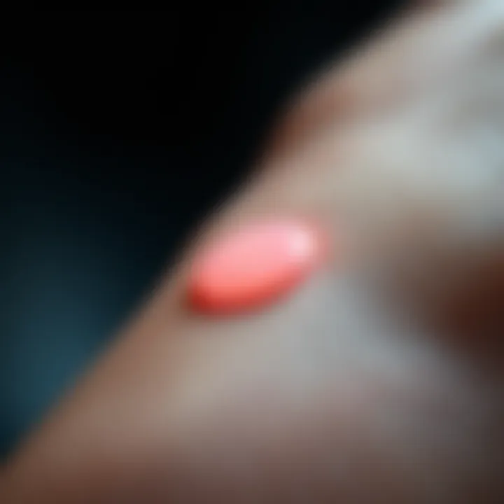 Application of Lidocaine Patch on Skin Lidocaine patch application site on skin demonstrating absorption