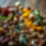 A close-up view of aromatic herbs and spices, showcasing their vivid colors and textures