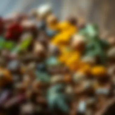 A close-up view of aromatic herbs and spices, showcasing their vivid colors and textures