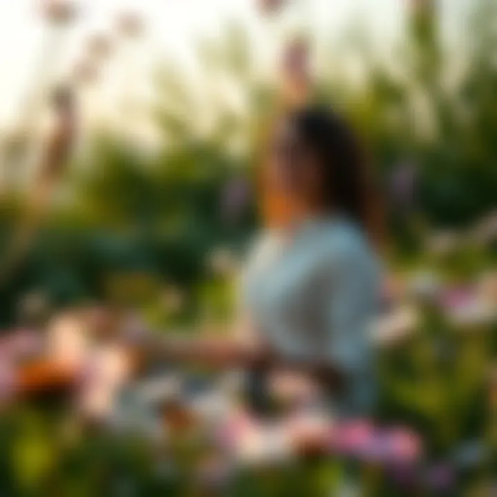 A serene scene of a person meditating in nature, surrounded by blooming flowers and greenery
