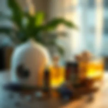 A visual representation of therapy tools, such as essential oils and fragrance diffusers arranged artistically