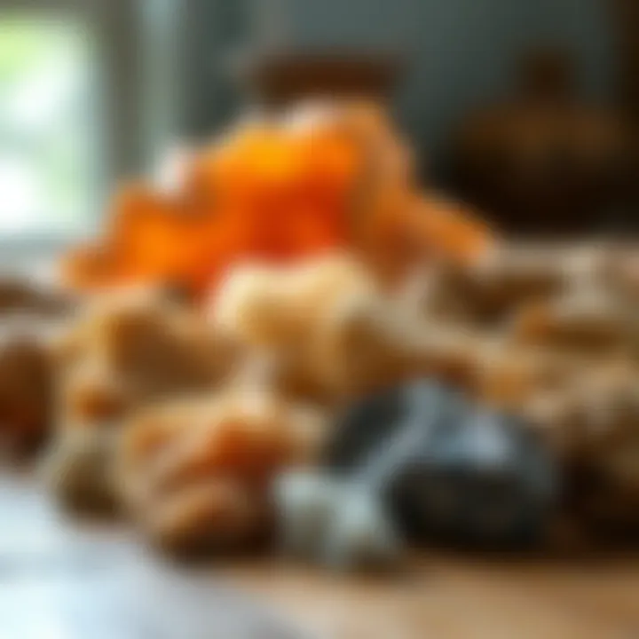 Natural minerals used in ceramics displayed on a wooden surface