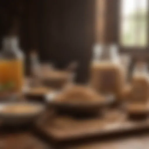 A variety of soy products displayed on a wooden table