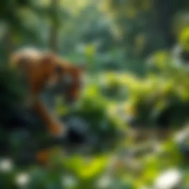 A serene tiger habitat showcasing lush greenery and water sources