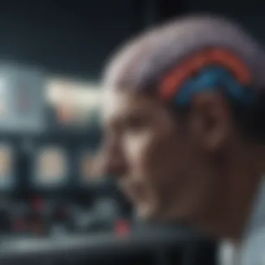 Analyzing Brain Scans for Atrophy Researcher analyzing brain scans in a laboratory setting