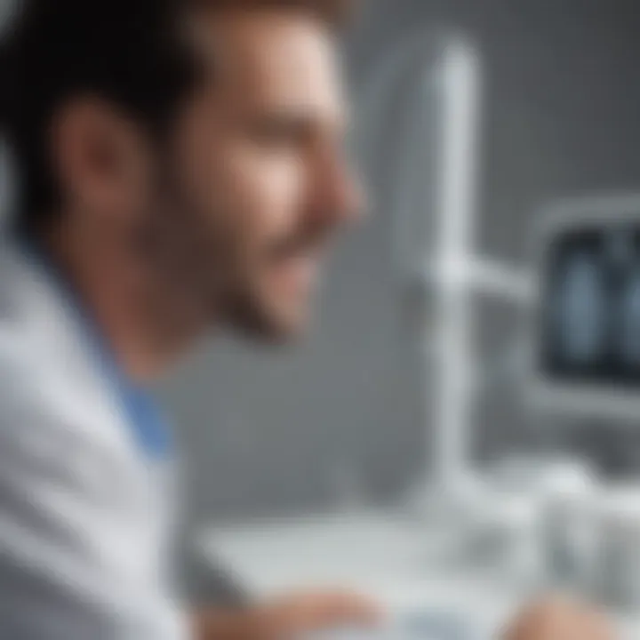 A dentist analyzing CBCT images on a computer.