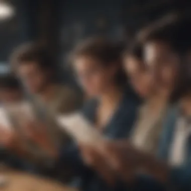 Diverse Readership Engagement A diverse group of individuals reading newsletters on different devices.