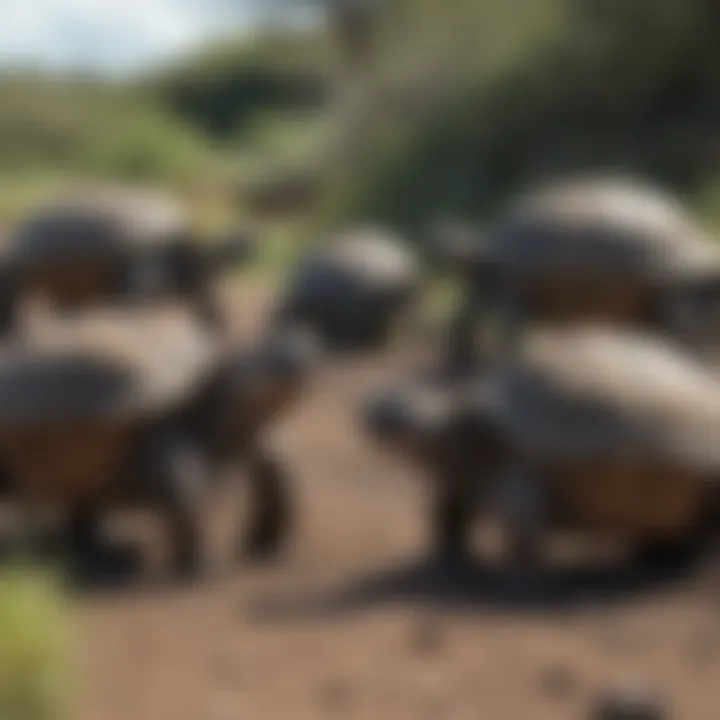 A group of Galapagos tortoises grazing peacefully on the island