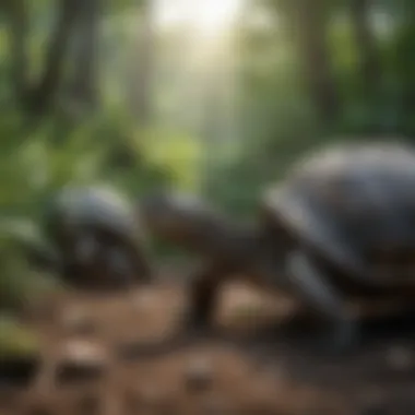 Tortoise in its Natural Ecosystem Galapagos tortoise interacting with its lush environment