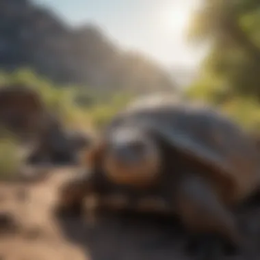 Galapagos Tortoise in Natural Habitat A majestic Galapagos tortoise basking in the sun